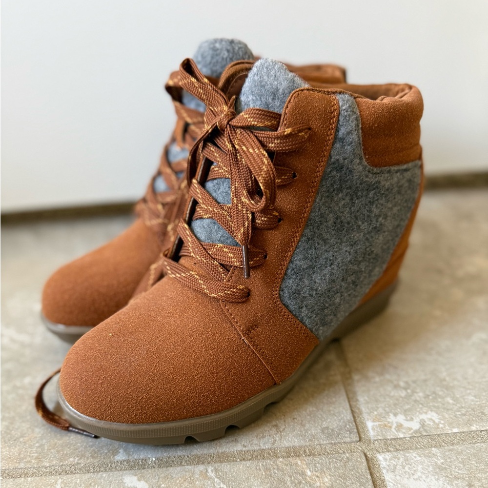 Athlefit Brown and Gray Lace-Up Ankle Boots, Suede, Hidden Wedge - NWOT
